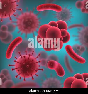 Microbiologia e microorganismi, batteri o virus. Modelli 3D a cellule rosse e microbi. Ricerca medica o biologica di corpi microscopici in astratto Illustrazione Vettoriale