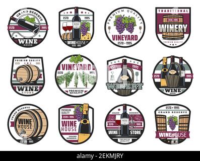 Enoteca e vigneto, enoteca, icone di vinificazione. Bottiglie vettoriali di vino rosso e bianco, botti di legno e uva. Grande riserva di vite, Illustrazione Vettoriale