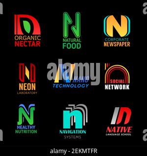Lettera N icone di font dell'azienda e dell'identità aziendale. Alimenti naturali biologici, media di giornale o laboratorio al neon e nanotecnologia industria Illustrazione Vettoriale