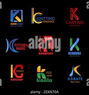 Lettera K icone di identità aziendale e simboli di marca aziendale. Vector K creative kids club, negozio di maglieria fatta a mano, sport di corse di go-kart, utensili da cucina st Illustrazione Vettoriale