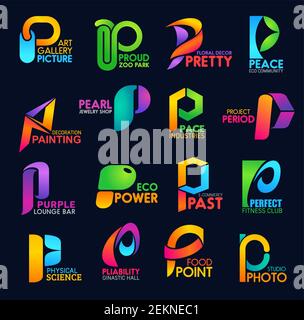 Icone di identità aziendale lettera P modelli di business. Arte e ambiente, arredamento ed ecologia, gioielleria e shopping. Pace e potenza, sport e fisica Illustrazione Vettoriale