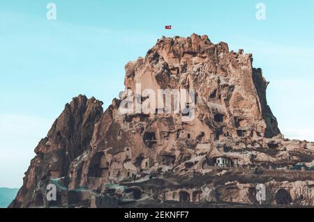 Vista panoramica del castello di Uchisar in Cappadocia, Turchia Foto Stock