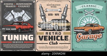 Club veicoli retro, servizio di tuning auto d'epoca e stazione di garage meccanico. Vector auto d'epoca diagnostica e restauro, centro assistenza, ra Illustrazione Vettoriale