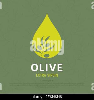 Logo goccia olio d'oliva e silhouette ramificata. Concetto di design per loghi, icone ed etichette su imballaggi in olio vergine Illustrazione Vettoriale