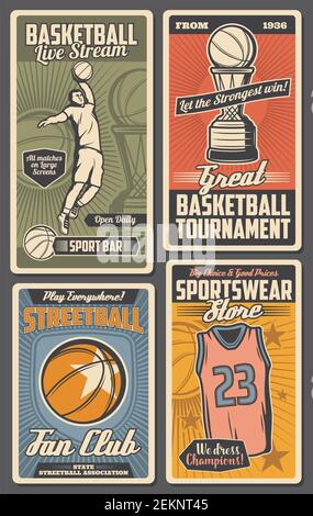 Gioco di pallacanestro, vettore di fan club di Street ball. Trophy Cup e negozio di abbigliamento sportivo, giocatore che lancia la palla in canestro e accessori attrezzature sportive Illustrazione Vettoriale