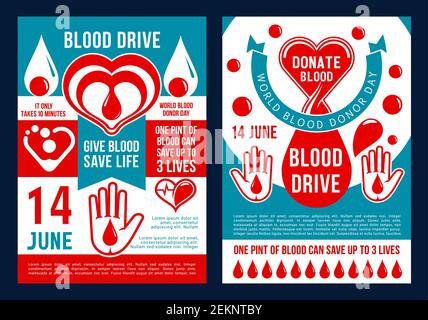 Brochure della giornata mondiale dei donatori di sangue per la donazione di sangue. Vector manifesti medici design di cuore, goccia di sangue e aiutare mano per il 14 giugno di carità sociale e. Illustrazione Vettoriale