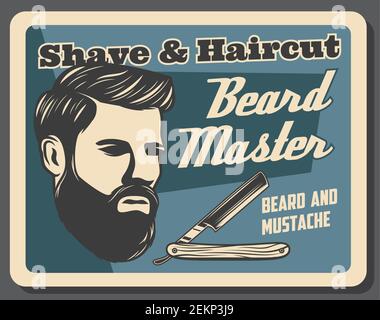 Rasatura e styling della barba con la lama del rasoio nel barbiere. Pettinatura vettoriale e acconciatura professionale da barbiere o parrucchiere. Salone di bellezza maschile serv Illustrazione Vettoriale
