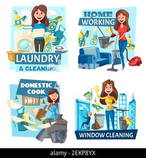 Lavanderia e pulizia delle finestre, cuoco domestico e servizio di pulizia della casa, vettore. Cartone animato donna pulizia camera, lavaggio e cucinare cena. Casa Illustrazione Vettoriale