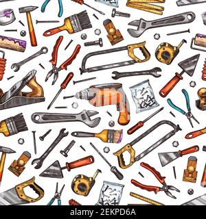 Strumenti di riparazione, ristrutturazione e costruzione a casa modello senza soluzione di continuità. Disegno vettoriale sfondo di utensili da lavoro manuali, martello da carpenteria, piano di legno gri Illustrazione Vettoriale