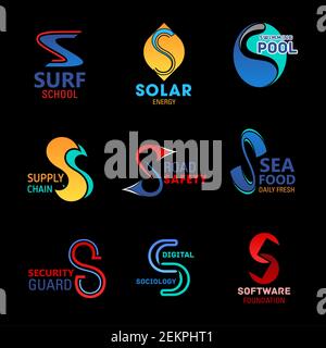 S lettere icone di identità aziendale e simboli del marchio aziendale. Vector S di scuola di surf sport, energia solare tecnologia o piscina e strada Illustrazione Vettoriale
