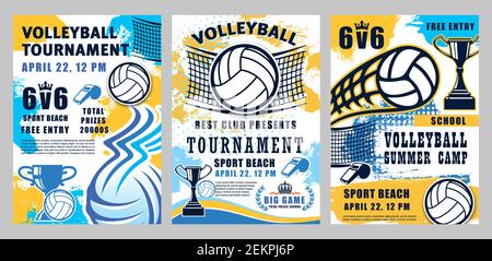 Poster halftone del torneo sportivo di pallavolo e della lega scolastica o della partita di squadra universitaria. Campo di pallavolo vettoriale estivo, coppa di vittoria Illustrazione Vettoriale