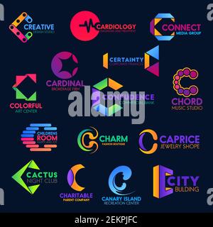 Icone lettera C, identità aziendale astratta disegno geometrico. Simboli Vector C, studio di musica creativa, clinica cardiologica o media gro Illustrazione Vettoriale