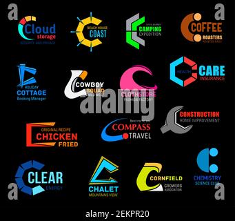 C icone di lettera e vettore di segni. Cloud storage e costi, campeggio, caffè, cottage e cowboy. Negozio di stoffa e assicurazione di cura, pollo e bussola, zio Illustrazione Vettoriale