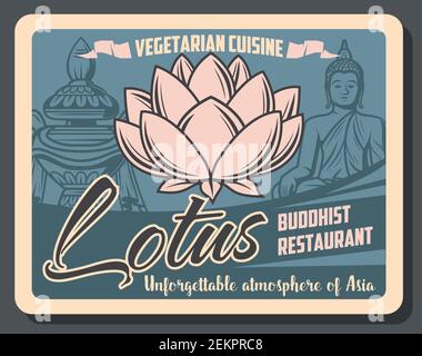 Ristorante buddista di cucina vegetariana poster retrò con simboli vettoriali della religione buddista. Statua di Buddha, fiore sacro di loto e vaso tesoro, Illustrazione Vettoriale