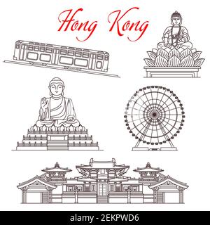 Hong Kong viaggia per monumenti storici, architettura e famosi simboli turistici. Templi buddisti vettoriali, Tian Tan Grande Buddha in statua di loto, ruota e picco Illustrazione Vettoriale