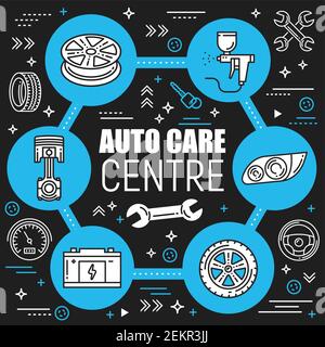 Servizio di riparazione auto, ricambi auto, disegno vettoriale. Stazione diagnostica per auto, montaggio pneumatici, carica della batteria. Ispezione del motore, verniciatura dell'auto, velocità Illustrazione Vettoriale
