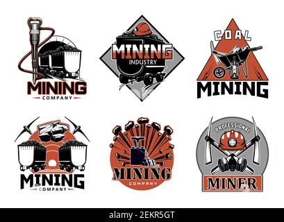 Industria mineraria, attrezzature professionali per minatori icone isolate. Carriola vettoriale e picche incrociate, estrazione di carbone e metallo, sale di roccia, prezioso Illustrazione Vettoriale