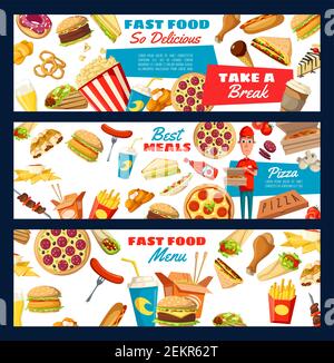 Menu fast food, spuntini e bevande. Pizza vettoriale, hamburger e sandwich, hot dog e soda. Consegna pizza e snack uomo, pop corn, cheeseburger e hambu Illustrazione Vettoriale