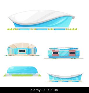 Stadio e arena edifici moderni, icone isolate. Design esterno facciata vettoriale. Edifici in vetro blu con campo, ingresso e tetto curvo Illustrazione Vettoriale