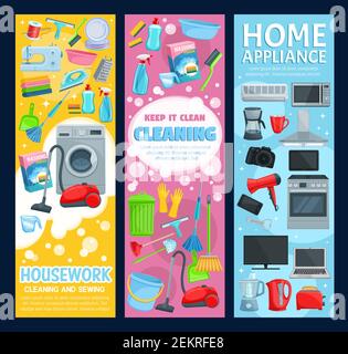 Servizio di pulizia della casa, pulizia professionale della casa, lavanderia e cucito casalinghi. Vector casalinga articoli per la pulizia, lavatrice e aspirapolvere, ki Illustrazione Vettoriale