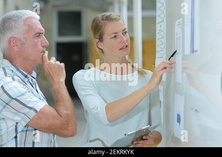 confuso l'uomo anziano e la donna con gli appunti che guardano la bacheca Foto Stock