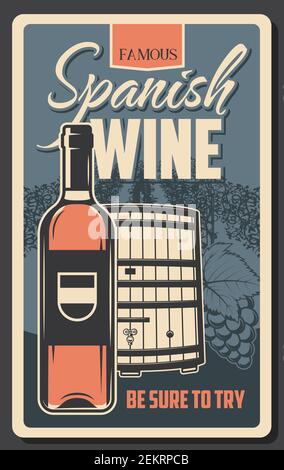 Vino spagnolo, casa vinicola e cantina Grand Reserve retro poster vettore. Fabbrica e negozio di produzione del vino, barili in legno e bottiglia di vino rosso, vin Illustrazione Vettoriale