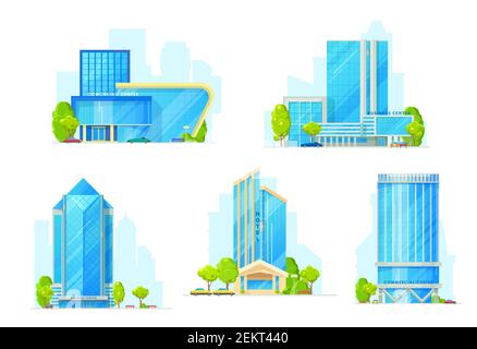 Hotel, business center e uffici icone vettoriali. Case cittadine moderne, case cittadine urbane, grattacieli del centro con torri alte, facciate in vetro e. Illustrazione Vettoriale