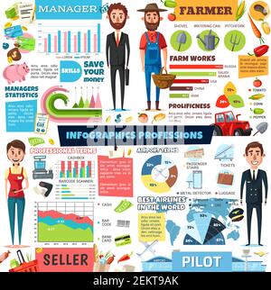 Infografica sulle professioni, venditore e manager d'affari, agricoltore e pilota dell'aviazione o personale addetto al volo statistiche. Diagra vettoriale Illustrazione Vettoriale