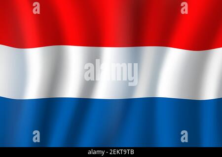 Bandiera dei Paesi Bassi banner ondulato orizzontale tricolore rosso, bianco e blu. Vettore bandiera nazionale del regno dei Paesi Bassi, Olanda. giorno di indipendenza symb Illustrazione Vettoriale