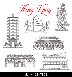 Hong Kong viaggia per monumenti storici, architettura e famosi simboli turistici. Vettore Mazu mare dea o Tin Hau Tempio, po Lin e Buddha Monastero pagoda Illustrazione Vettoriale