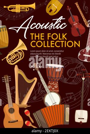 Strumenti musicali folk. Note di musica vettoriale, batteria di djembe etniche, sassofono e fisarmonica. Banjo chitarra e balalaika, arpa e note stave, violino A. Illustrazione Vettoriale