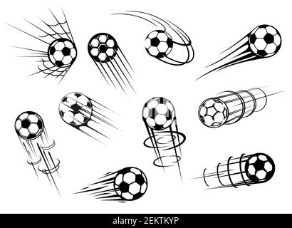 Palline da calcio in pelle bianca e nera con percorsi di movimento e rete di porta di gol campo da gioco, attrezzature sportive. Icone vettoriali di calcio o palla da calcio di s. Illustrazione Vettoriale