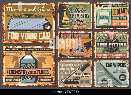 Pezzi di ricambio per veicoli, accessori per auto, schede retro arrugginite. Specchi e vetri vettoriali, chimica e fluidi per auto, liquido di raffreddamento motore, raschietto a spazzola e auto w Illustrazione Vettoriale