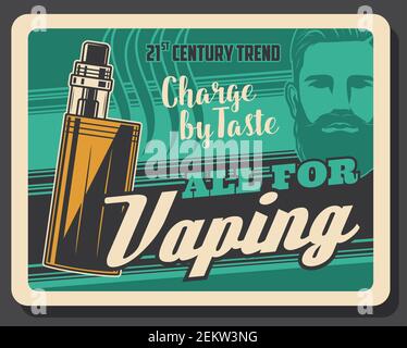 Vape negozio di accessori e tabacchi elettronici liquidi di tabacco poster vintage retro. Vettore 21 secolo alternativa fumo tendenza e-sigari, vaping ciga Illustrazione Vettoriale