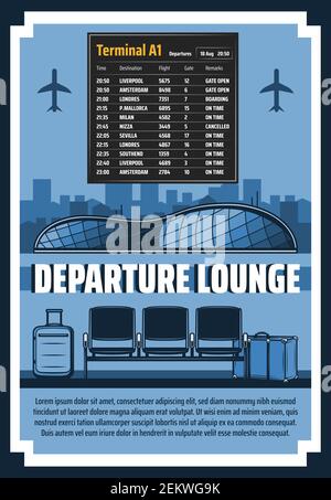Orario dei voli aeroportuali e terminal delle lounge di partenza tema viaggi e viaggi Vector, sala partenze aeroporto internazionale e borse da viaggio, A. Illustrazione Vettoriale