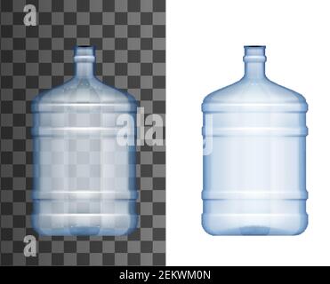 Modello 3D realistico di mockup per bottiglia di refrigerante ad acqua. Dispenser o refrigeratore d'acqua in plastica vuota isolato Vector flacone riutilizzabile con collo di bottiglia, confezione moc Illustrazione Vettoriale