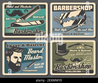 Poster vettoriali barbiere di acconciature, barba e baffi rasatura hipster design salone. Barbiere negozio rasoio dritto, forbici per capelli e parrucchiere Illustrazione Vettoriale