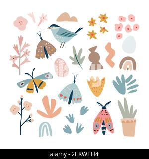 Set di elementi naturali primaverili o estivi disegnati a mano, animali. Fiori colorati, farfalle e falena. Forme astratte, arcobaleno e uccello. Appartamento moderno Illustrazione Vettoriale