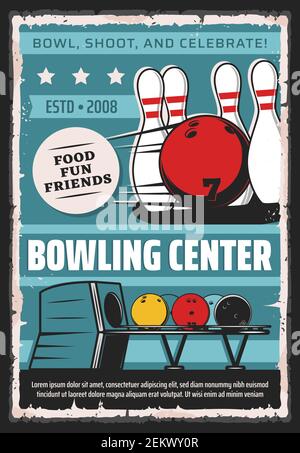 Centro bowling, club di gioco sportivo e poster retrò del torneo di campionato. Golf club vettoriale, palline e attrezzature per skittle pin per sciopero, piano cottura Illustrazione Vettoriale