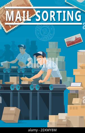 Consegna della posta, centro di smistamento degli uffici postali, logistica e servizio di spedizione. Corriere vettore e addetti agli uffici postali smistare buste di lettere w Illustrazione Vettoriale