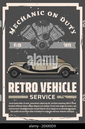 Centro di assistenza per il restauro e la riparazione di vecchie auto d'epoca, poster per il restauro di motori di veicoli rari. Vettore rarità meccanica automobilistica in servizio, coll Illustrazione Vettoriale