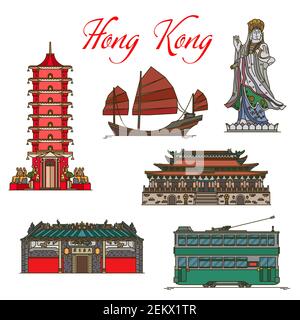 Visita i monumenti storici di Hong Kong, con le icone delle linee sottili e la vista turistica vettoriale. Sea Goddess of Tin Hau Temple, Junk Boat con vele rosse, diecimila Buddha Illustrazione Vettoriale