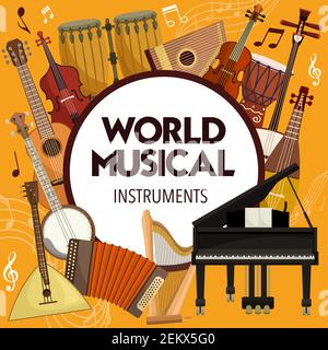 Strumenti musicali con note musicali e design vettoriale a sculpore. Pianoforte, batteria e chitarra, violino, arpa e viola, sciamisen giapponese, balala russa Illustrazione Vettoriale