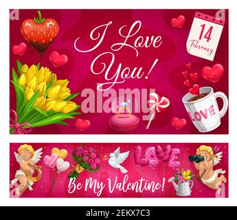 Io ti amo e sono il mio San Valentino scritta, simboli di amore. Cupidi vettoriali con binocoli e arpa, cuori e colombe, tazza di caffè, caramelle. sha. Cuore Illustrazione Vettoriale