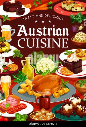 Cibo di cucina austriaca, dessert vettoriali, verdure e birra. Piatti nazionali dell'Austria, carne e tazza di caffè. Stufato di manzo tirolese e torta al cioccolato Illustrazione Vettoriale