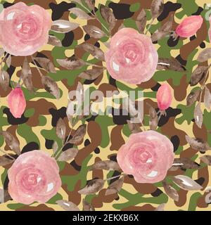 Camouflage floreale motivo senza cuciture con rose rosa fiori. Disegno militare dell'esercito, tessuto per mascherare la caccia al nascondiglio. Stampa per i soldati di guerra nella foresta desertica della giungla all'aperto, texture di stile alla moda Foto Stock