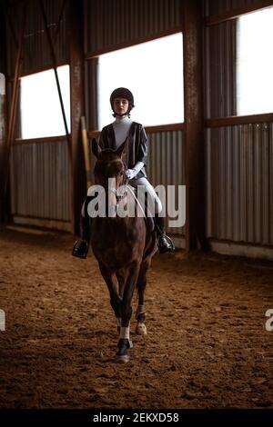 La giovane donna è impegnata in sport equestri, allenarsi a cavallo Foto Stock