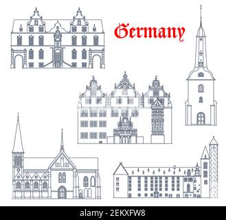 Germania monumenti architettonici, città tedesca vettore icone di cattedrali e chiese edifici in Schleswig Holstein. La cattedrale di Meldorf e Glueckstadt Illustrazione Vettoriale