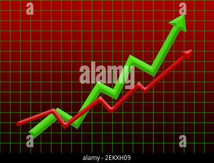 Frecce verdi e rosse in aumento nel colore Graph Grid. Investimento in stock marker, aumento del margine di profitto. E business concept. illustrazione 3d. 2 frecce Foto Stock