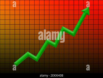 Grafico crescente freccia verde nella griglia rossa colore di sfondo, mercato azionario e concetto di crescita aziendale Foto Stock